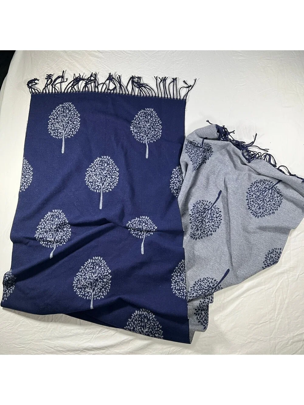 Navy Gray Reversible Tree of Life Fringe Scarf Wrap Shawl